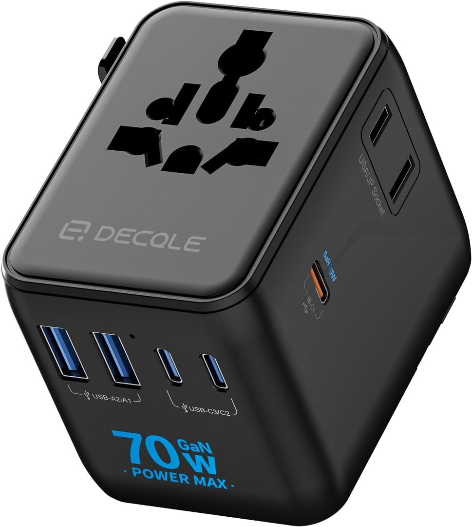 Universal Travel Adapter, International Travel Plug Adapter with 3 USB-C  2 USB-A Ports 70W, All in One Portable Socket, for USA, UK, EU, AU  224+ Countries (Black)