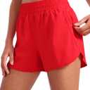 CRZ YOGA Dolphin Athletic Shorts for Women 3" - High Waisted Quick Dry for Running Workout Gym Track with Zip Pocket (Large, Deep Red)