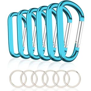 6PCS Black Carabiner Caribeaner Clip,3" Large Aluminum D Ring Shape Carabeaner with 6PCS Keyring Keychain Hook (Blue)