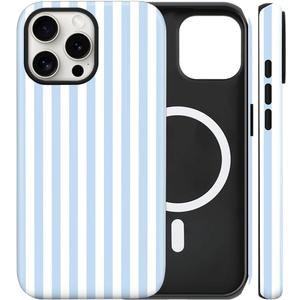 Magnetic for iPhone 15 Pro Case Cute Stripes Phone Case, Shockproof Slim TPU and Hard PC Protective Phone Cover Compatible with MagSafe Designed for Women Girls, Blue and White