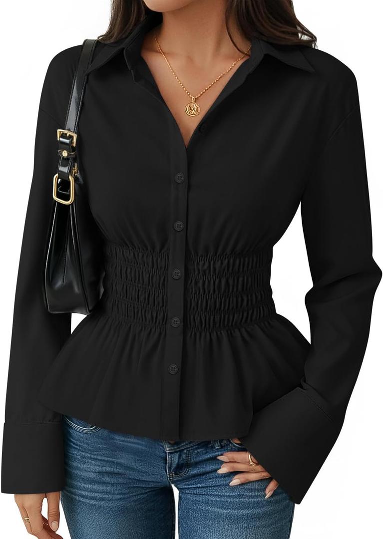 ZESICA Womens 2026 Spring Long Sleeve Blouse Business Dressy Casual Button Down Shirts Peplum Tops Fashion Trendy Clothes (Black, L)