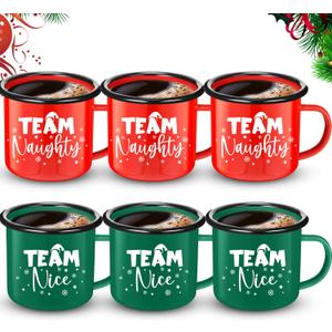 Yaomiao Christmas Enamel Mugs Set of 6 Red or Green Xmas Coffee Mugs Gifts 12 oz Hot Chocolate Holiday Cups with Handle Christmas for Men Women Coworkers Employee Gifts(Team Nice, Red and Green)