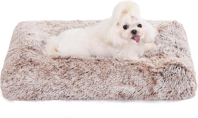 Bedfolks Waterproof Crate Bed, Plush Dog & Cat Bed with Removable Washable Cover, Faux Fur Kennel Pad, 21"x13"x2.5", Brown