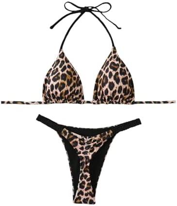Floerns Women's 2 Piece Cheetah Print Bikini Set Halter String High Waist Thong Bathing Suits, Medium