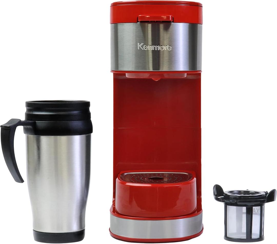 Kenmore Single Serve Coffee Maker 612 Oz Brew Sizes, Compatible with Keurig KCup Pods & Ground Coffee, One Cup Brewer, Travel Mug Friendly, Auto ShutOff, Hot & Iced maquina de cafe, Red
