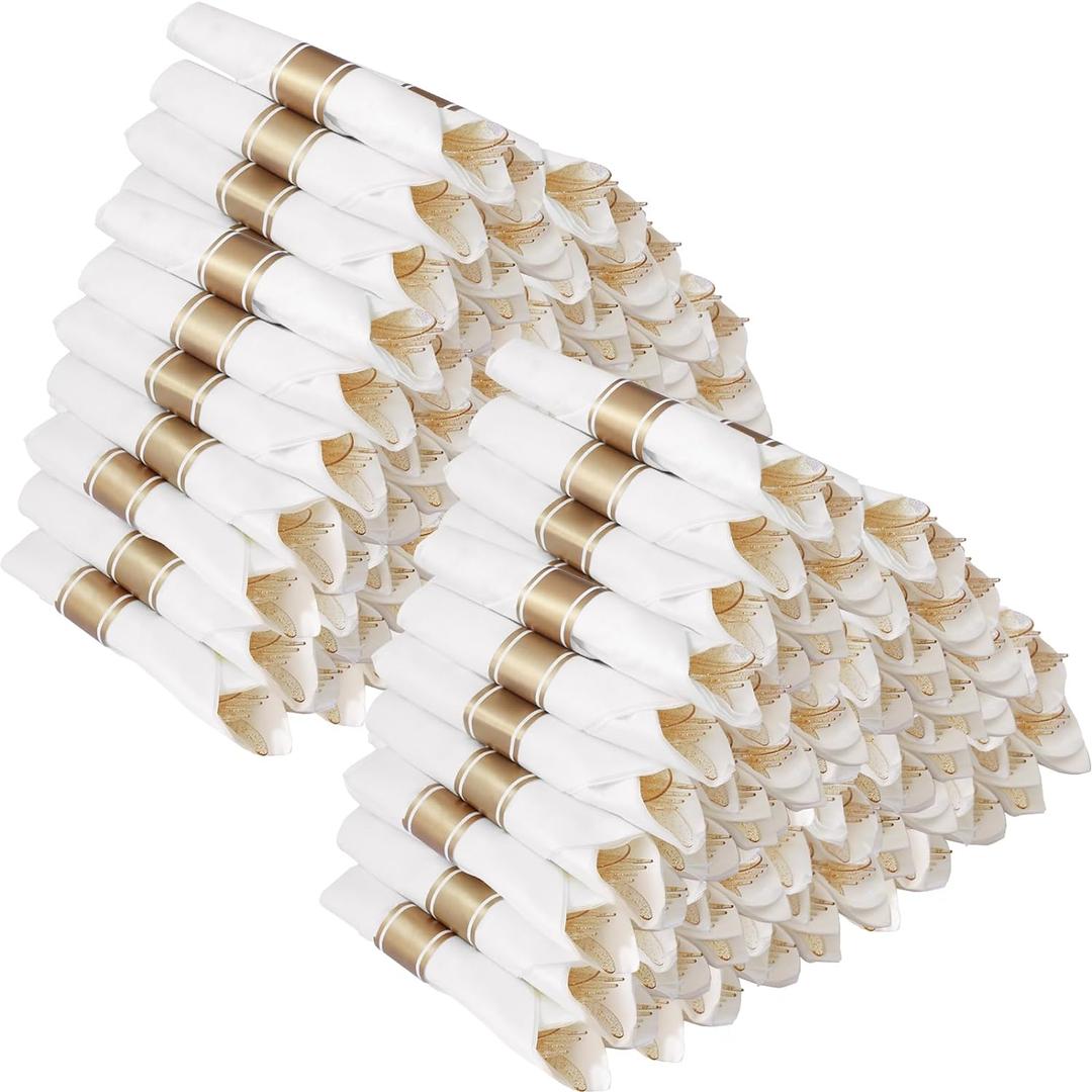 Goodluck 100 Pack Pre Rolled Gold Glitter Plastic Silverware, Wrapped Cutlery Set with Napkin Include 100 Forks, 100 Knives, 100 Spoons and 100 Napkins, Fancy Disposable Silverware for Party, Wedding