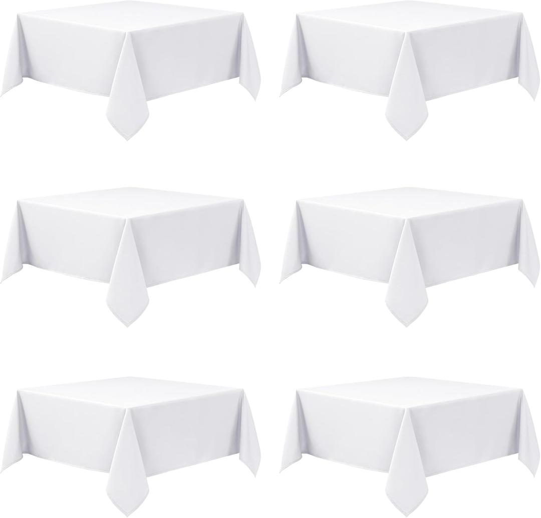 6-Pack White Tablecloths for Square Tables, 54 x 54 Inches, Stain-Resistant Polyester Fabric for 2 Foot Tables - Washable Table Covers for Weddings, Banquets, Birthday Parties, Events
