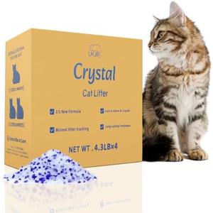 LMJP Crystal Cat Litter with Powerful Odor Control, Non-Clumping, Lasts Up to 4 Months, 17.2lb, Rapid Water Absorption, Unscented & Low Tracking Lightweight Blue & White Silica 4Pack