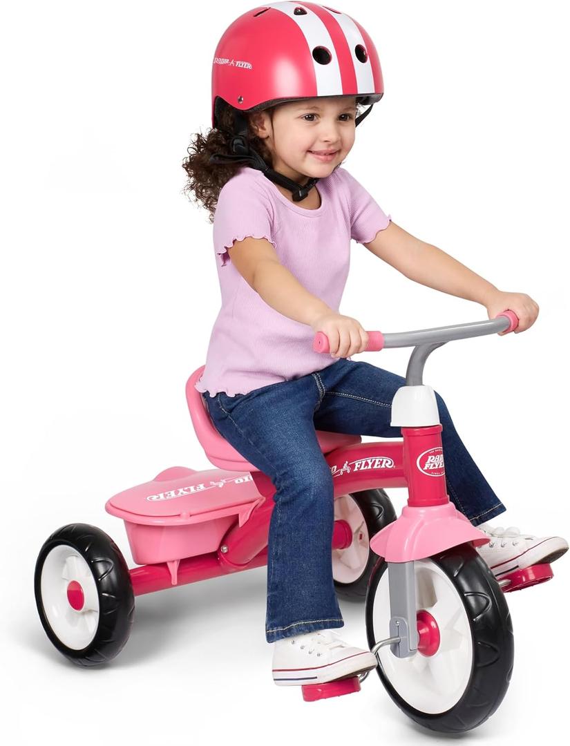 Radio Flyer Pink Rider Trike, for Ages 2.5-5, Adjustable Seat, Steel Construction, Quiet Ride Wheels, Covered Storage Bin, Comfort Grip Handlebars, Easy Carry Seat Handle, Tricycle for Toddlers
