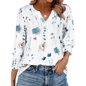 Blouses for Womens 3/4 Length Sleeve Casual Tops Loose V Neck T Shirt with Smocked Cuffs 2026 (White Blue Floral, S) (White, S)