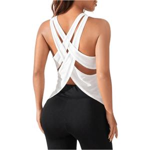 OYOANGLE Women's Open Back Workout Tops Racerback Athletic Loose Shirts Yoga Gym Clothes Sleeveless Running Tank Tops White Small