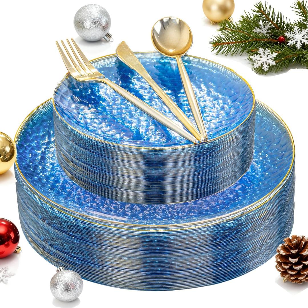Rubtlamp 150Pcs Blue Christmas Plastic Plates, Gold Plastic Dinnerware Set For 30 Guest, Hammered Heavy Duty Plates with Gold Rim Include 30Dinner Platos, 30Salad Platos,90 Cutlery For Christmas
