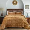 EVERGRACE Luxury Ruched Velvet Quilt Queen Size, Ultra Soft Bedspread Coverlet Set, Lightweight Velvet Comforter, Quilted Bedding Cover with 2 Matching Shams for All Season, Gold Yellow