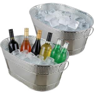 2 Pack Galvanized Ice Bucket, 4 Gallon Large Galvanized Beverage Tub Ice Bucket for Parties, Thick Metal Beverage Buckets with Handles, Oval Drink Buckets for Parties (Oval Sliver-2PCS)