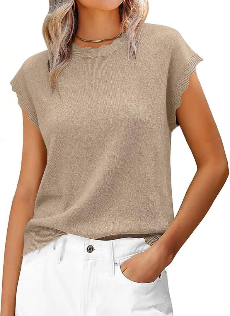 Women Summer Sweater Cap Sleeve Lightweight Pullover Soft Knit Top with Scallop Wavy