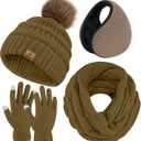 URATOT Winter Warm Sets Knitted Scarf Beanie Pompom Hat Touch Screen Gloves and Winter Ear Warmer Set for Men or Women (Brown)
