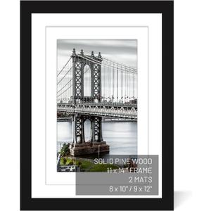 11x14 Picture Frames Solid Wood Display Pictures 9x12 or 8x10 with Mat or 11x14 Frame without Mat Poster Photo Frame Art with 2 Mats for Wall Mounting or Table Top(Black)
