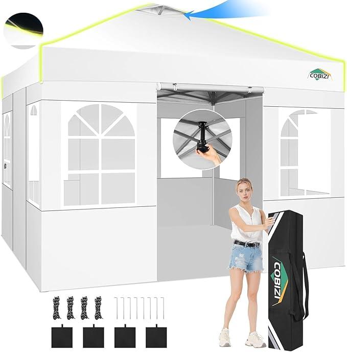 10x10 Pop Up Canopy - One Push Setup Tent, Glow Strips, 1 Sidewalls | Waterproof UPF50+ Shelter with Air Vent, 3 Heights, Carry Bag, Sandbags, Stakes and Ropes for Beach, Patio and Events [Only 1 Sidewalls]