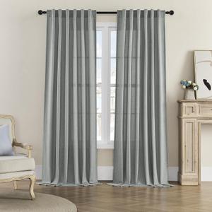 Back Tab and Rod Pocket Linen Curtains 102 Inch Length 2 Panels Set, Light Filtering Semi Sheer Farmhouse Boho Curtains & Drapes for Bedroom Living Room, W50 x L102, Dove Grey