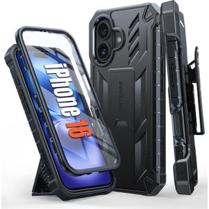FNTCASE for iPhone 16 Phone Case: Military Grade Protection [Built in Screen Protector] [Belt Clip Holster & Kickstand] Shockproof TPU Protective Bumper | Rugged Drop Proof Matte Cover Black