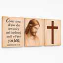 DoawBang Rustic Farmhouse Wall Art Set of 3– Jesus Portrait, Cross, and Scripture – Wooden Frame Canvas Prints, “Come to Me” Matthew 11:28, Christian Home Decor for Living Room, Prayer Room, 12"x16"
