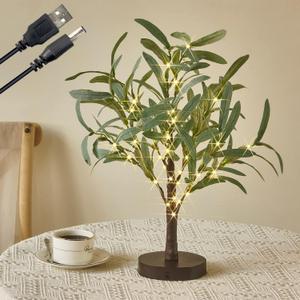 Fudios Little Lighted Tree with Timer 18in 50 LED USB Battery Operated Table Top Bonsai Olive Trees Light Artificial Plant for Home Decor Indoor