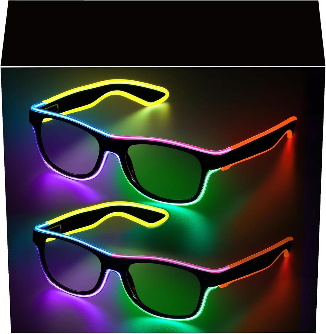 YouRfocus Led Light up Glasses 2 Pack Multi-Color Glow in the Dark Neon Rave Glasses for Rave Party, EDM, Halloween, Christmas, Wired with Battery Power (6 colors)