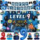 Vlipoeasn 9th Birthday Decorations for Boys, Blue Video Game Level 9 Banner Backdrop Honeycomb Centerpieces Hanging Swirls for 9th Birthday Party, Gamer 9 Years Old Party Supplies
