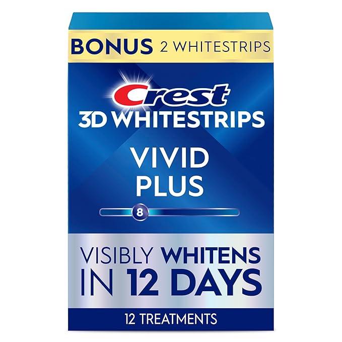 Crest 3D Whitestrips Vivid Plus, Teeth Whitening Strip Kit, 10 Treatments + 2 Bonus Treatments (Each with 1 Upper/1 Lower Strip), 24 Strips, 8 Levels Whiter, Teeth Whitening Kit