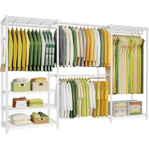 Ulif E1 Heavy Duty Closet Garment Rack, 6 Tiers Adjustable Metal Freestanding Expandable Clothing Storage with 4 Hanger Rods, Easy to Assemble Wardrobe, 71.4" H x (70" - 88.2") L x 14" D, White