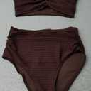 Herseas Women's Textured Bikini Sets Twist Front Top Swimsuits High Waisted Bathing Suits (X-Small, Brown)