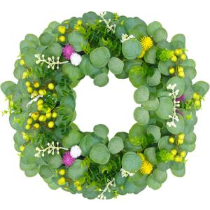 18" Green Berry Eucalyptus Leaf Wreath, Artificial Spring And Summer Wreath With Pink Purple Cones And Pomegranate Fruit Decorations Your Front Door And Windows, Suitable For Indoor And Outdoor