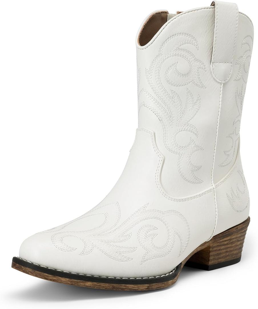 DREAM PAIRS Women's Cowboy Cowgirl Western Boots Embroidered Stitched Ankle Boots Square Toe Chunky Heel Fashion Short Booties with Zipper (10, White)