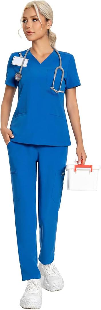 Scrubs for Women Set V-Neck Top & Straight Leg Pants 12 Pockets for Nurses & Healthcare Workers (Blue, M)