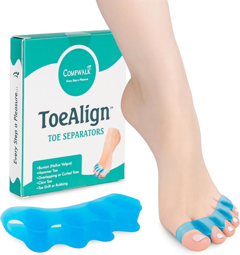 2 x Comfwalk® ToeAlign™ – Toe Separators for Men & Women – Toe Straightener Stretcher – Corrects Bunions, Overlapping Toes, Hammer Toes, Claw Toes – Soft Medical-Grade Silicone Toe Spacers (Blue)