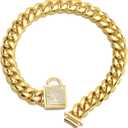 Designer Dog Collar Gold Metal Stainless Steel with Zirconia Lock 14mm 18K Gold Big Dog Luxury Training Collar Cuban Lock Link Necklace Chain(22 inch)