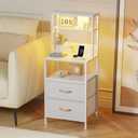Furnulem Night Stand, Tall Bed Nightstand with 4-Tier Shelves, 2 PU Fabric Drawers and Light Tube, Bed Side Tables with Charging Station, Bedside Table for Bedroom, White
