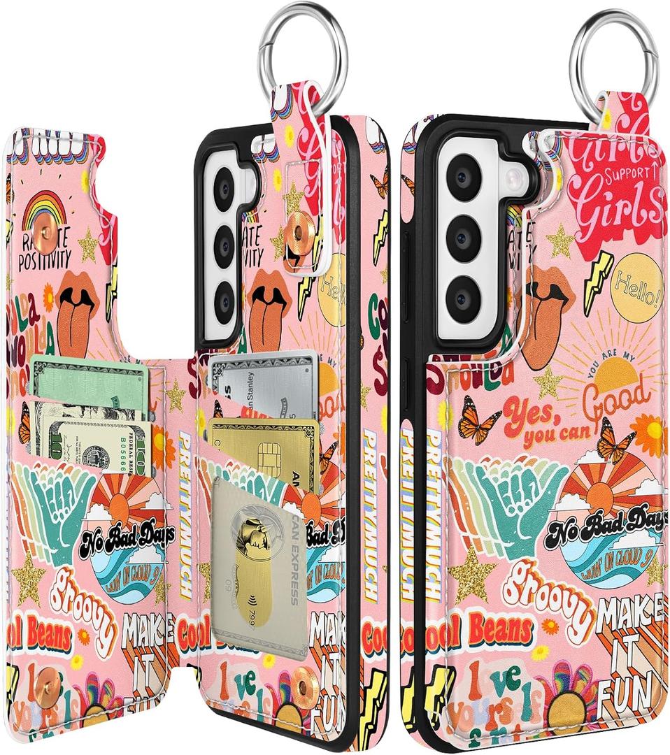 Shorogyt for Samsung S22 Plus Wallet Case with Card Holder - Cute Designer Collage Pattern Kickstand Magnetic Clasp Back Flip Folio Leather Phone Cases for Women Men Girls for Galaxy S22 Plus