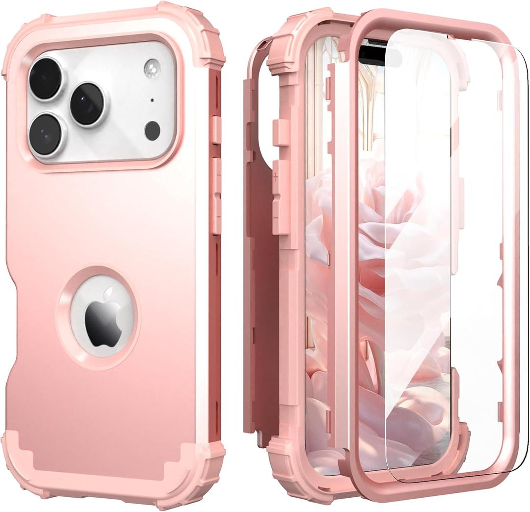 IDweel for iPhone 17 Pro Max Case with Screen Protector for Women, 3 in 1 Shockproof Slim Fit Hybrid Heavy Duty Hard PC Cover Soft Silicone Bumper Full Body Anti-Fingerprint Case, Rose Gold