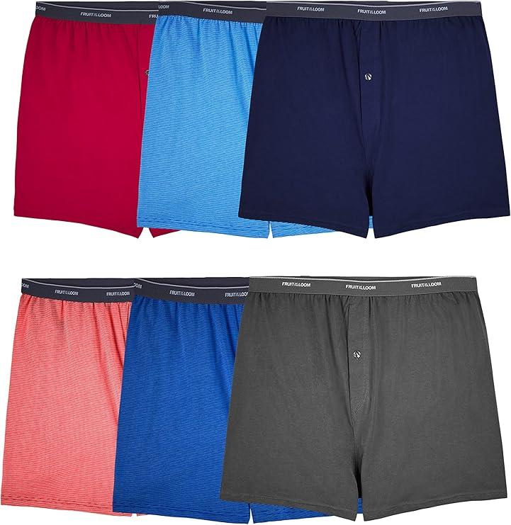 Fruit Of The Loom Mens Tagfree Boxer Shorts (Knit & Woven) Knit  6 Pack  Assorted Solids, Small Size S