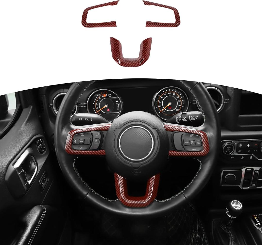 RT-TCZ for Wrangler JL Steering Wheel Trim Decal Panel Red Carbon Fiber for Jeep Wrangler JL JLU Gladiator JT 2018-Present Red Carbon Fiber Interior Accessories 3pcs