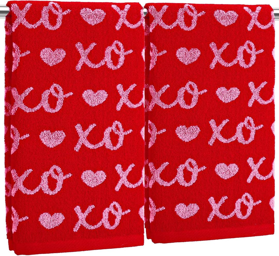 2 pcs Whaline Valentine's Day Hand Towels Cotton Bathroom Towel Red Pink Heart Decorative Absorbent Bath Towel for Kitchen Dish Drying Cleaning Cooking Wedding, 29.5 x 13.4 Inch