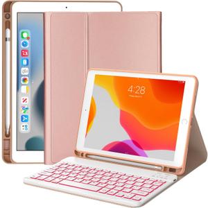 JADEMALL Keyboard Case for iPad 9th Generation 10.2 Inch, Wireless Bluetooth, 7 Color Backlit Detachable Keyboard with Pencil Holder for iPad 8th/ 7th Gen/iPad Pro 10.5"/ iPad Air 3rd Gen, Rose Gold