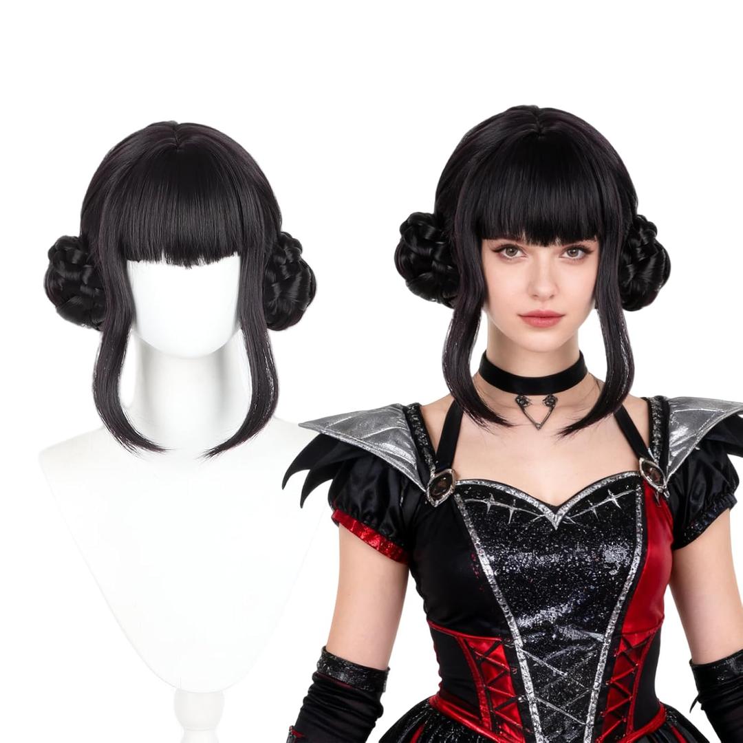 Halloween Cosplay Wig for Women - Black & Purple Short Anime Hair with Double Buns - Fantasy Character Costume Party Wig