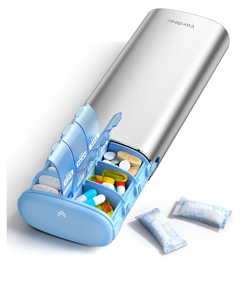 Vaydeer Metal 7 Day Pill Organizer 2 Times a Day – AM PM Weekly Travel Pill Case with Moisture-Proof Desiccant, Airtight Large Capacity Pill Box for Vitamins, Medications & Supplements (Silver)
