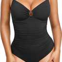 SHAPELLX Womens Swimsuits Tummy Control Bathing Suit Slimming One Piece U-Ring Shapewear Swimwear with Ruched Waist (Black, M)