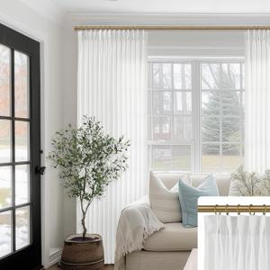 SHINELAND Pinch Pleated Curtains Sheer 96 Inches Long x 70 Inch Wide,White Linen Curtains for Bedroom Living Room 2 Panels Set