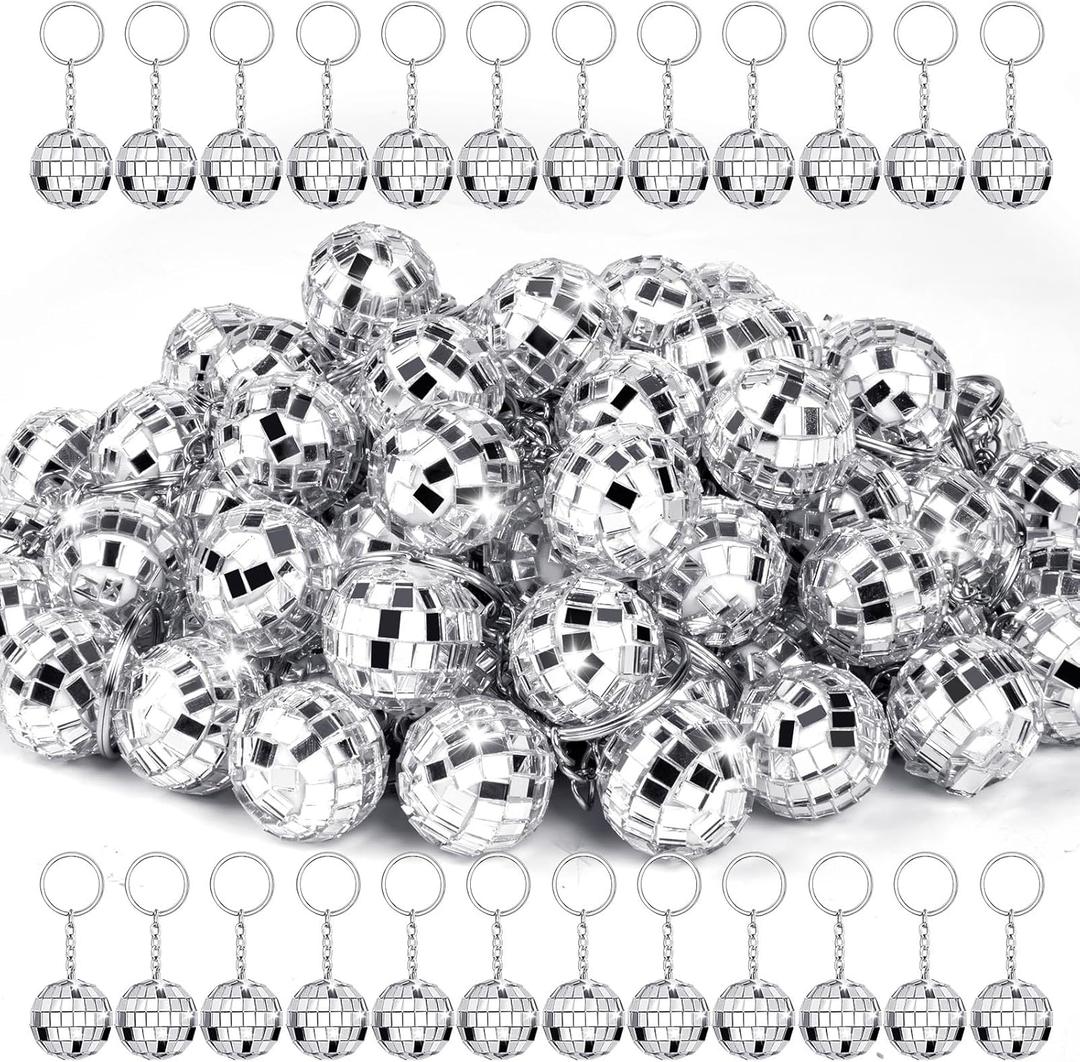 30 Pcs Disco Ball Keychains, Silver Disco Ball Key Chain Bulk, Small Mirror Disco Keychain Keyring for 70s 80s Disco Party Supplies