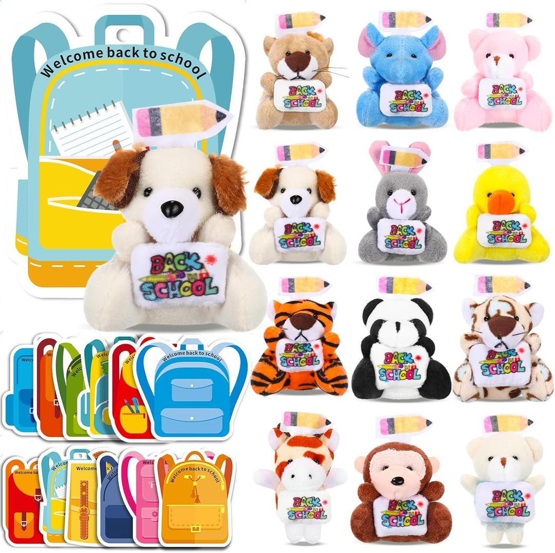 30 Set Welcome Back to School Gifts for Students Teachers Stuffed Animals Bulk Mini First Day of School Plush Animals with Card Small Stuffed Doll Tiny Keychain Classroom Gift Party Favors