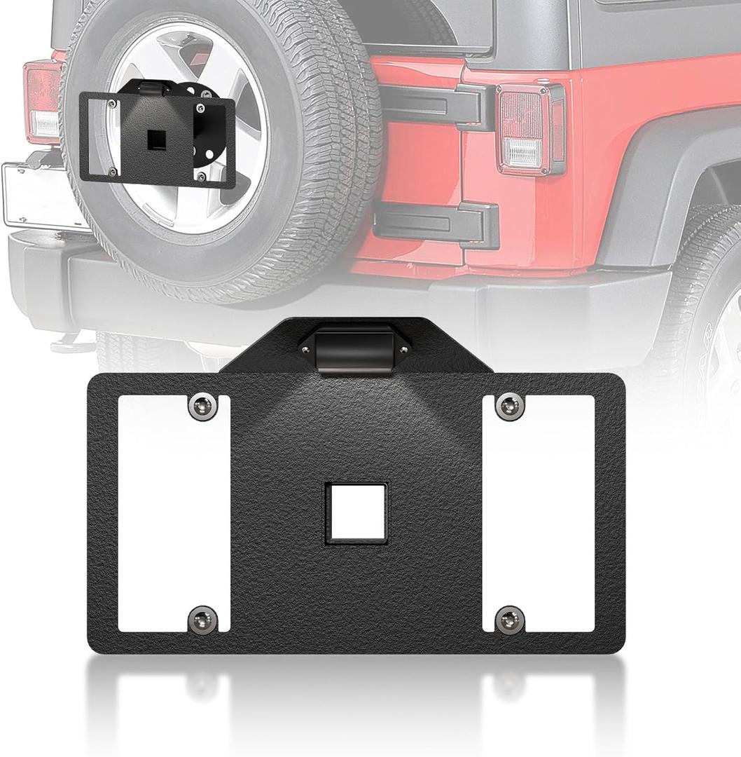 YZONA Spare Tire License Plate Frame with LED Light Compatible with 1987-2018 Jeep Wrangler JK JKU & TJ & YJ, Licence Bracket Holder Rear Plates Frames Relocation Mounting (2/4 Door, Black)